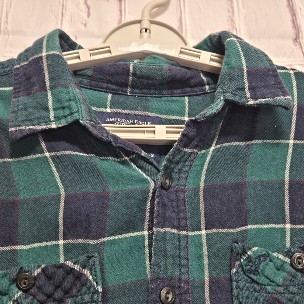 Y2K American Eagle Outfitters Mens Athletic Fit Flannel Shirt Green Navy Plaid L - Picture 5 of 10